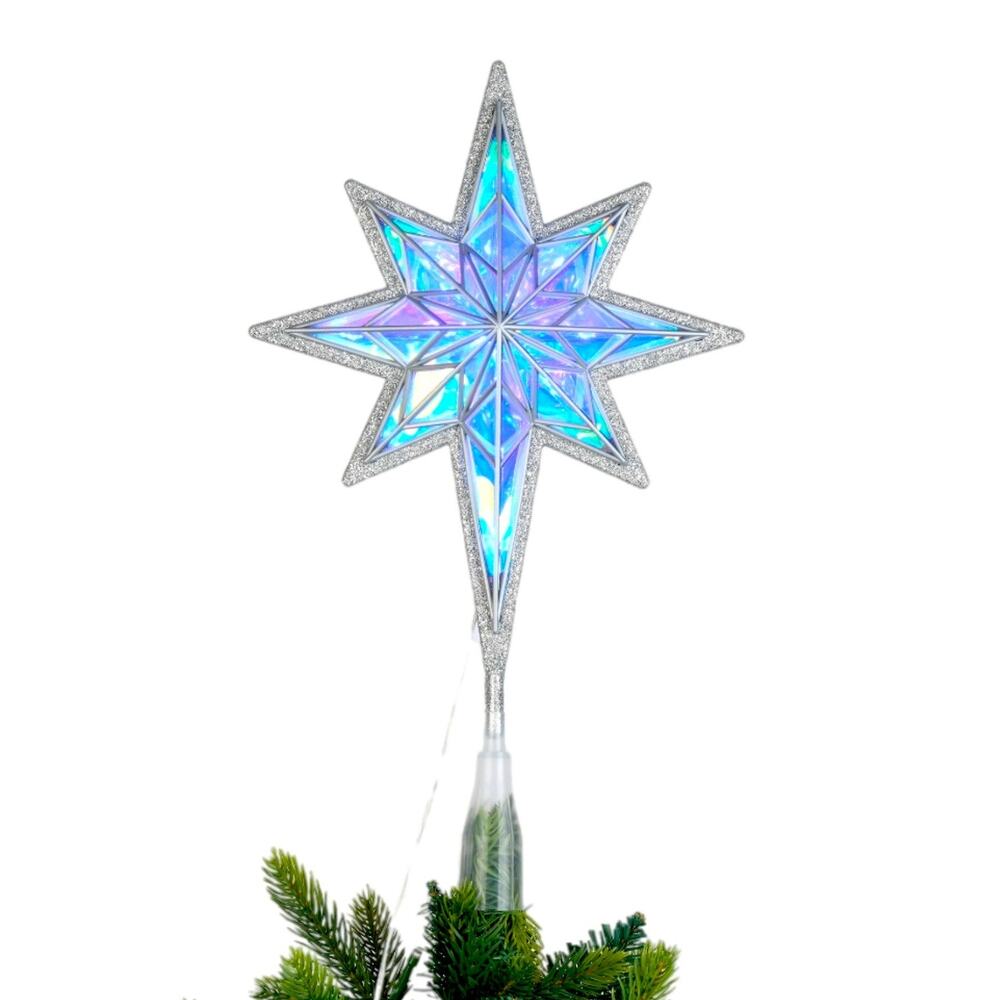 Iridescent LED Star Christmas Tree Topper Silver 15" Light Up Holiday Decor